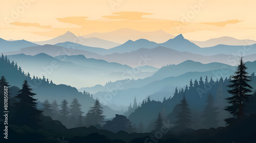 Misty Morning Mountain, Realistic Landscape, Realistic Mountains Landscape. Vector Background