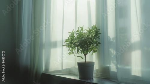 Lonely small green plant in flowerpot nexrt to window curtian sun light shine through photo