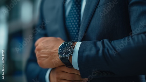 Close-up of a businessman's hands adjusting a luxurious wristwatch, emphasizing punctuality and professionalism in modern corporate life, Concept of time management and success. photo