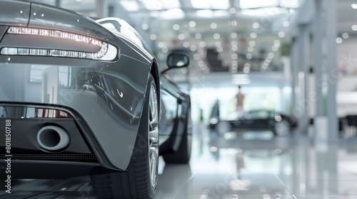 Blurred gray car parked in a luxury showroom. hyper realistic 
