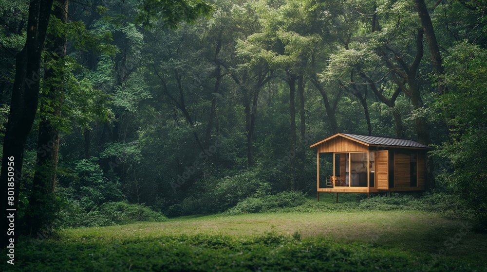 Small wooden house with modern interior near grass field in lush green forest jungle Small wooden house with modern interior near grass field in lush green forest jungle