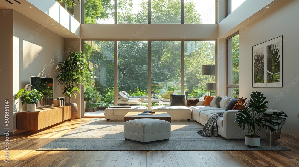 Natural Light Open Space: A 3D illustration showcasing a living room with an open floor plan and abundant natural light