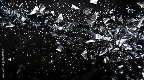 Pieces of splitted or cracked glass isolated,Particles and fragments of glass or crystals on a black background,Pieces of shattered glass flying in the air photo