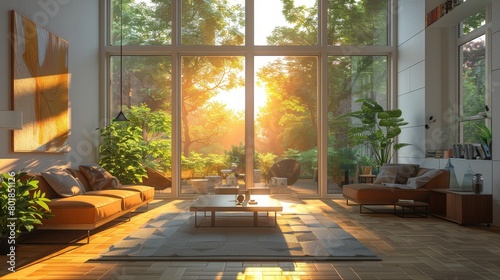 Natural Light Large Windows: A 3D illustration showcasing a living room flooded with natural light from large windows