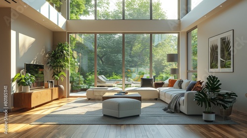 Natural Light Open Space: A 3D illustration showcasing a living room with an open floor plan and abundant natural light