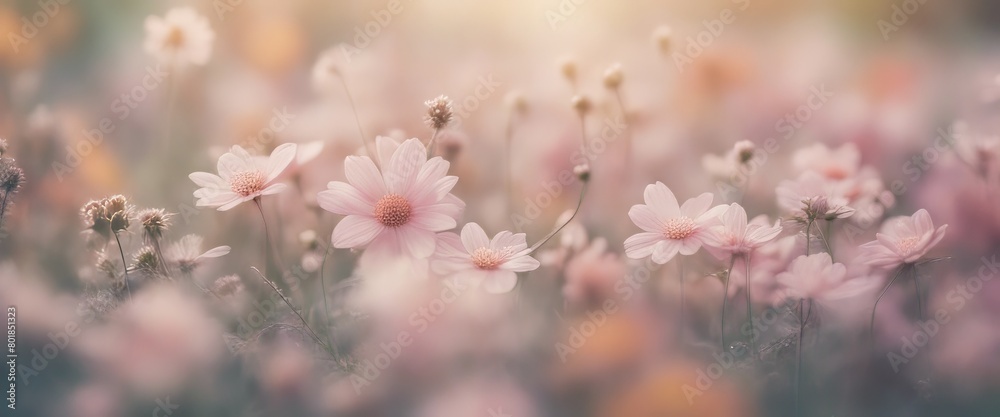 Dreamy pastel-colored floral background with delicate flowers and a blurred effect