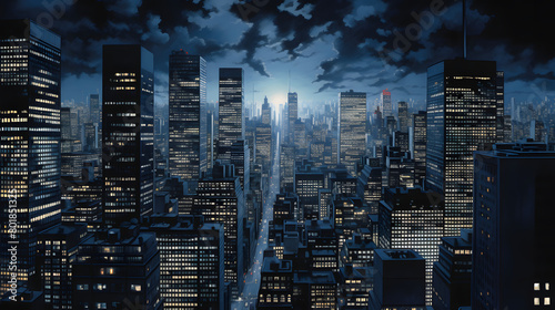 Digital retro skyscrapers at night abstract art design graphic poster web page PPT background