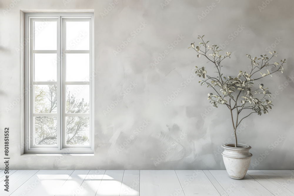Fototapeta premium Serene minimalist interiors in neutral tones. Interior design composition with minimal furniture.