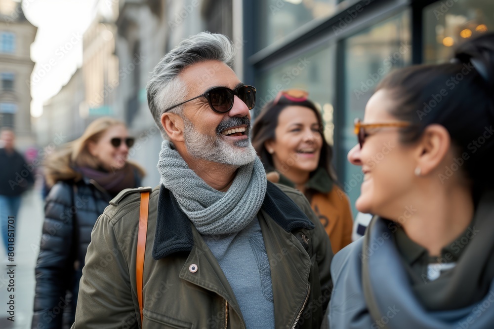 Portrait of middle-aged man with gray beard wearing sunglasses and scarf while walking in city Portrait of middle-aged man with gray beard wearing sunglasses and scarf while walking in city