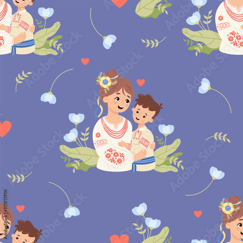 Seamless pattern with happy Ukrainian woman with son in traditional clothes embroidered shirt on blue background with flowers. Vector illustration. Mothers holiday. Festive cultural national character