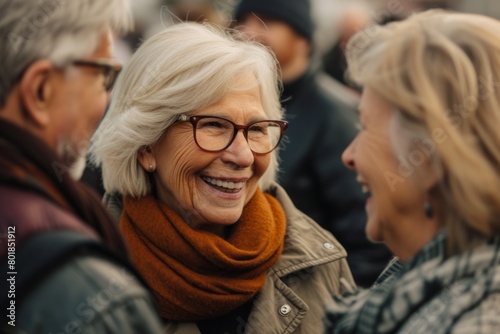 Group of senior friends having fun in the city. Smiling elderly woman with glasses.