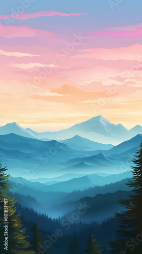 Tranquil Dawn, Realistic Mountain Panorama, Realistic Mountains Landscape. Vector Background © Niko