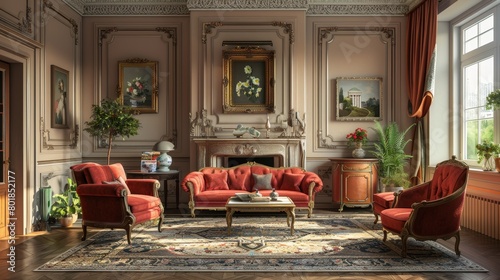 Vintage Living Room Timeless Elegance: A 3D illustration featuring a vintage living room with timeless elegance © MAY