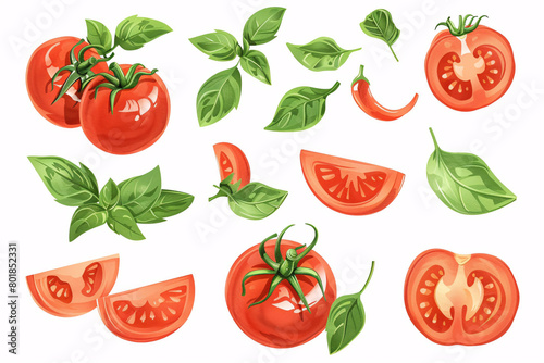 An illustration of Ripe tomatoes and leaves scattered on a white background, flat lay top view