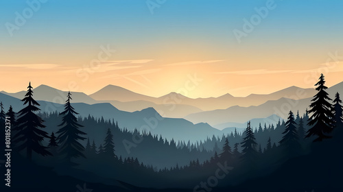 Morning Bliss, Pine Trees Silhouette, Realistic Mountains Landscape. Vector Background