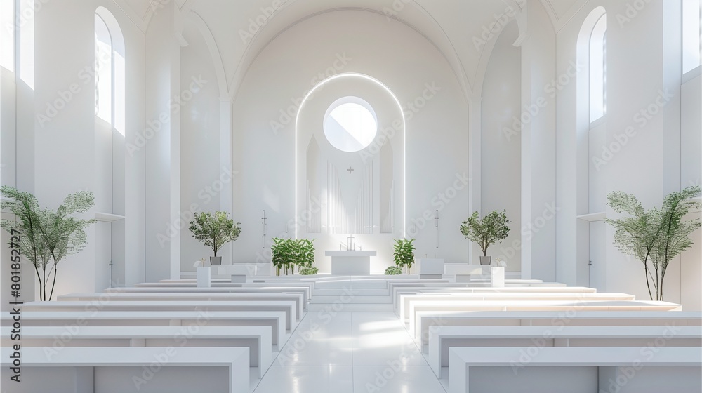 Picture of a minimalist church decorated with white wedding ceremony decorations. Including pews and an altar decorated with greenery.