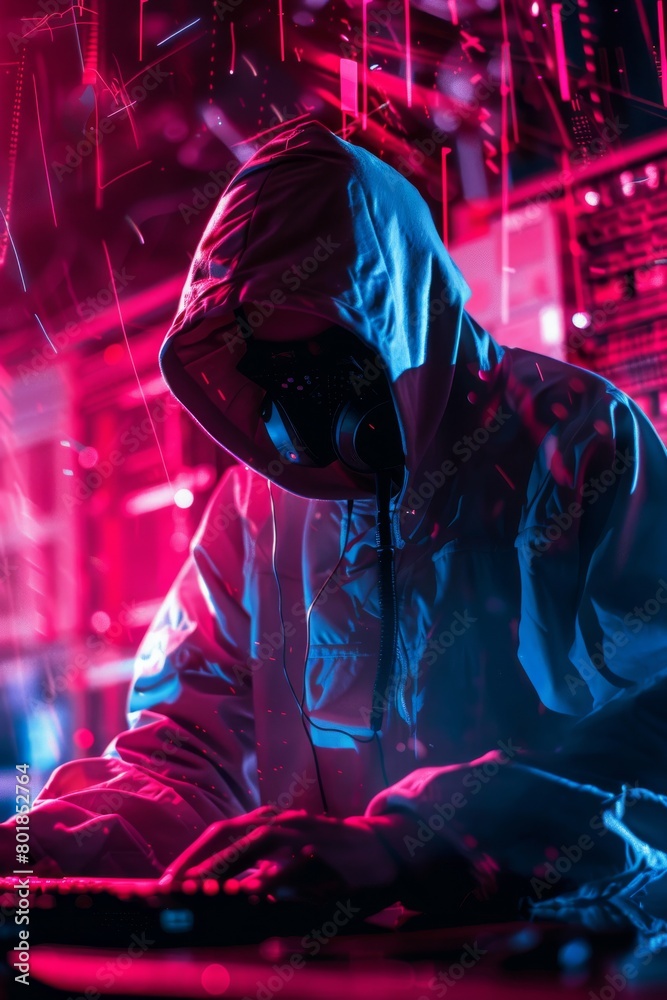 A mysterious hacker in a hood typing on a keyboard illuminated by neon lights within a high-tech, cyberpunk setting
