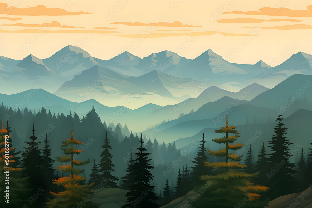 Pine Peaks at Dawn, Pine Forest Panorama, Realistic Mountains Landscape. Vector Background