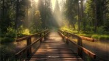 A wooden bridge in the forest, with sunlight shining through tall trees and reflecting on calm water below,Generative AI illustration.