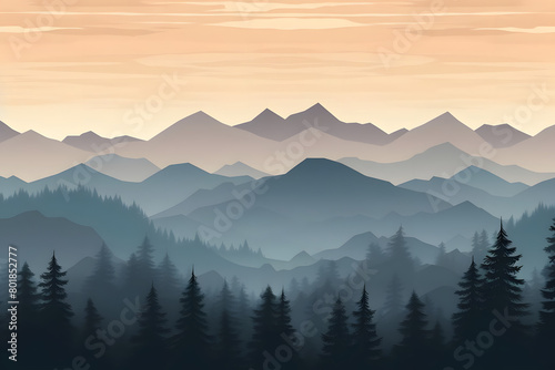 Pine Peaks at Dawn, Pine Forest Panorama, Realistic Mountains Landscape. Vector Background