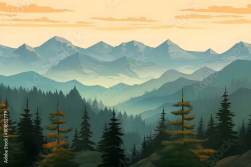 Pine Peaks at Dawn  Pine Forest Panorama  Realistic Mountains Landscape. Vector Background