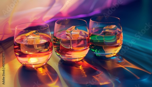 Three glass tumblers with intricate reflections and vibrant neon colors creating an abstract and artistic image