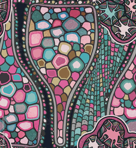 Vector seamless colorful abstract organic pattern. Abstract background in biological style. Macro image, plants, magnified under a microscope.