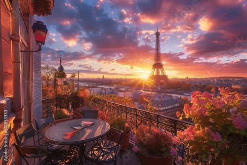 beautiful Paris balcony at sunset with Eiffel tower view © Ayan