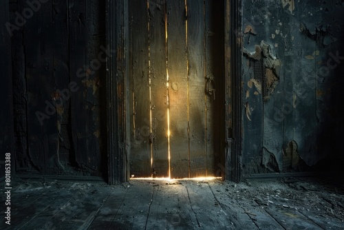 Unknown Light Shining Through an Ancient Wooden Door. Generative Ai