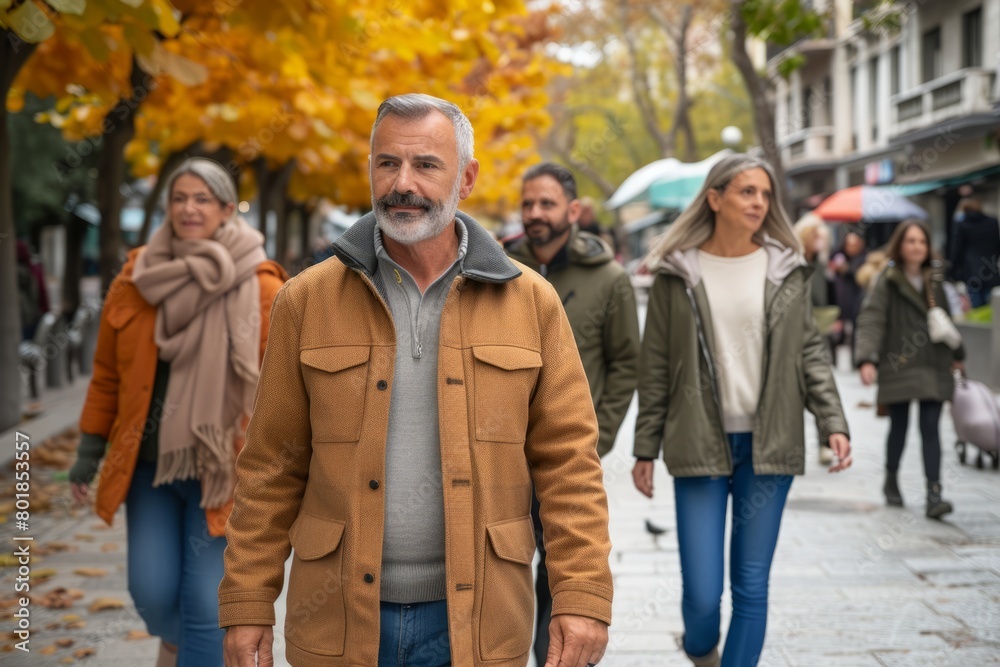 Portrait of a senior man with his family walking in the city. Portrait of a senior man with his family walking in the city.
