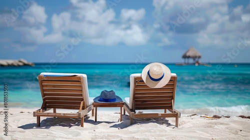 Crisp view of a serene beach with two lounge chairs inviting relaxation  one adorned with a sun hat and the blue ocean in the background