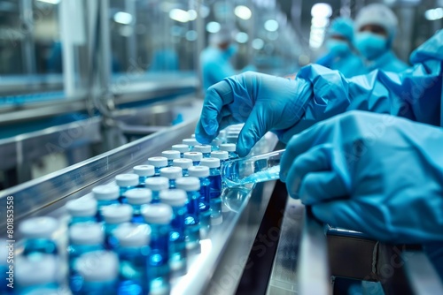 A focused healthcare worker in blue gloves meticulously inspects vials on a conveyor belt in an industrial pharmaceutical lab
