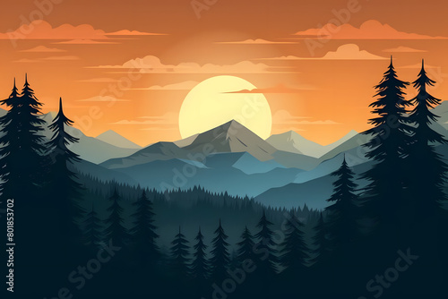 Sun kissed Peaks, Pine Trees Silhouette, Realistic Mountains Landscape. Vector Background