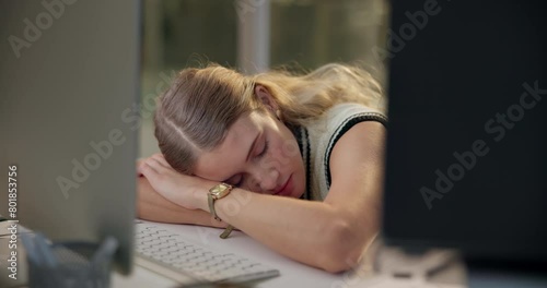 Night, office and tired woman sleeping on keyboard with pressure, stress or mental health disaster. Business, fail and girl consultant with burnout, fatigue or exhausted by working late or deadline photo