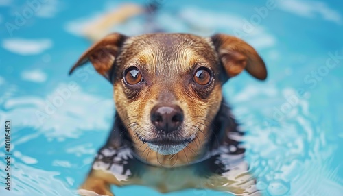 Graceful miniature pinscher dog swimming in vibrant blue water with illuminated features photo