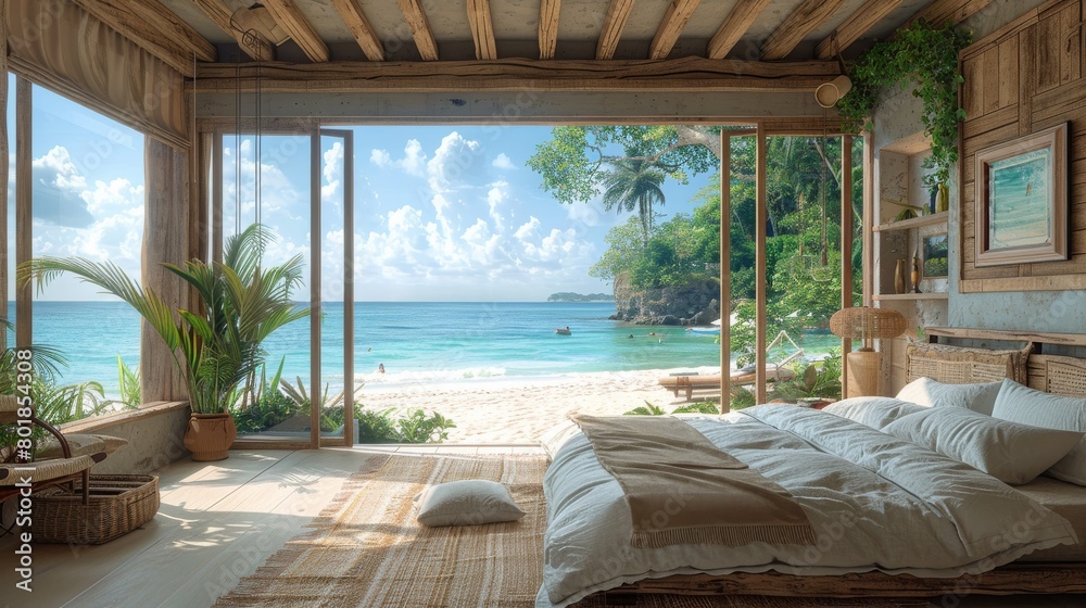 Open and airy beach bungalow bedroom with direct views of the turquoise ocean and surrounding greenery