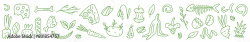 Organic waste, food compost garbage, vector illustration, hand-drawn in the style of doodles