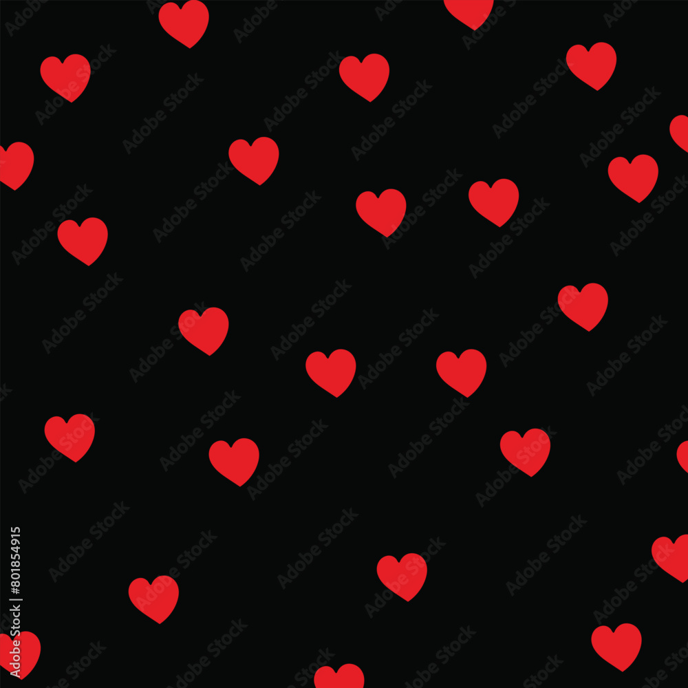 Vector seamless pattern. Simple repeating texture with chaotic hearts on black background