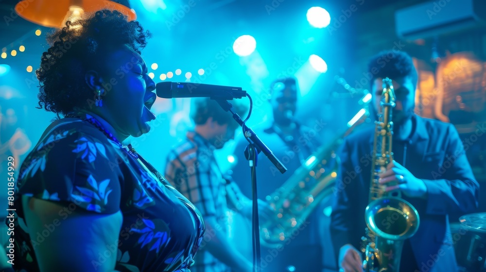 Obraz premium A woman singing into a microphone with a band behind her