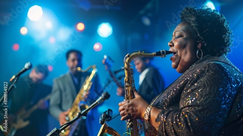A woman playing a saxophone and singing into a microphone