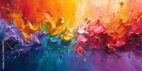 Offbeat painter's smock palette explosion, artfully splattered with rainbow blotches of acrylic 