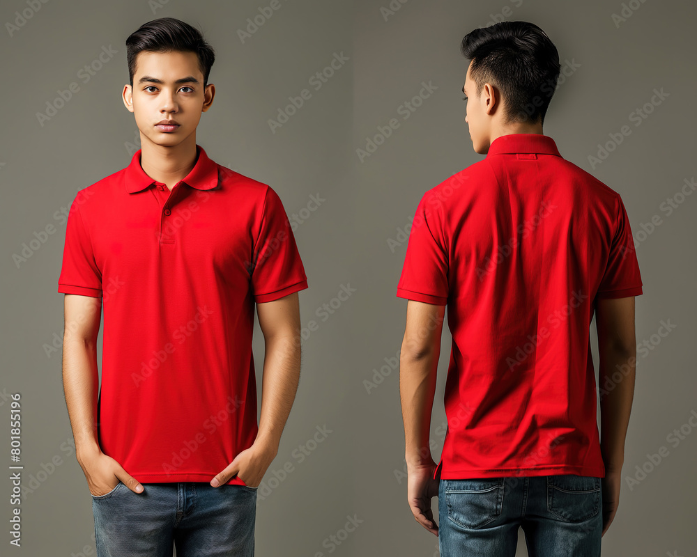 Front and back views of a man wearing a red polo shirt mockup template Front and back views of a man wearing a red polo shirt mockup template