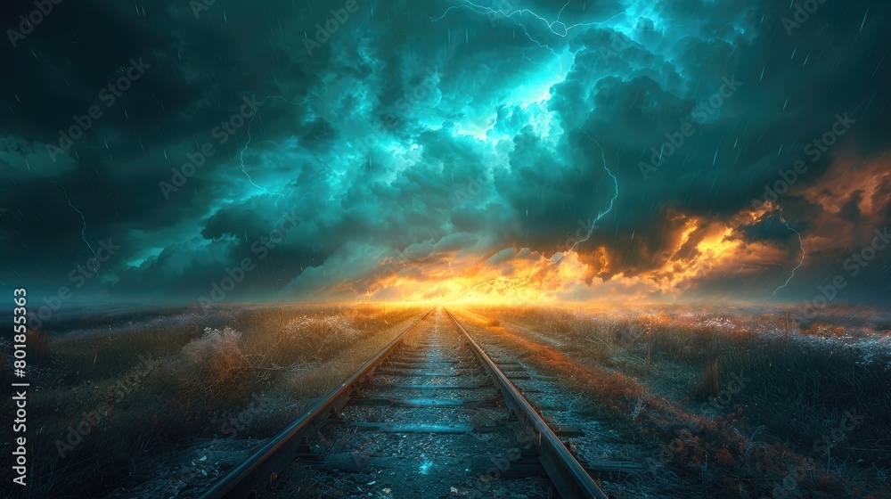 A train track beneath a gathering storm. Generative Ai