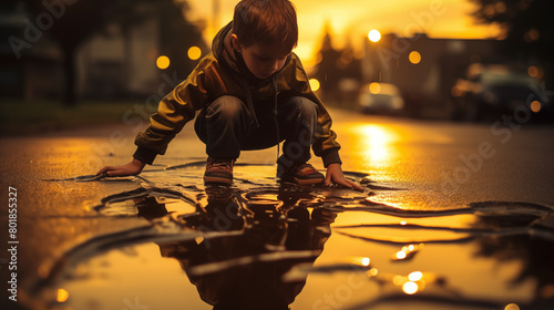 Child, Playing, Oil, Glass, Mud, Boy, Street
