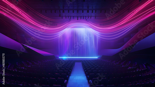 Visualize a concert hall bathed in the glow of holographic gradient neon waves