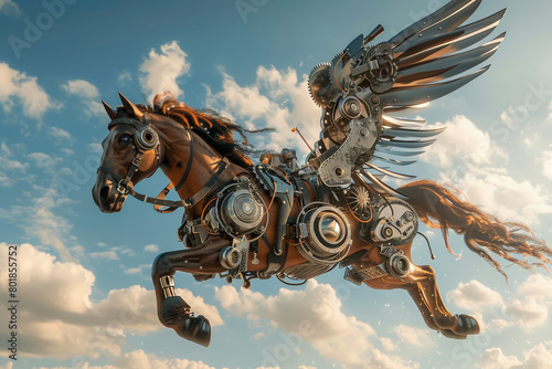 Steampunk horse with iron wings galloping under a sky with multiple sunspots