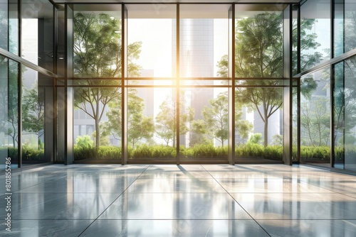 Beautiful scene business office background. Lobby reception hall interior or empty indoor foyer meeting room with blurry light from glass wall window