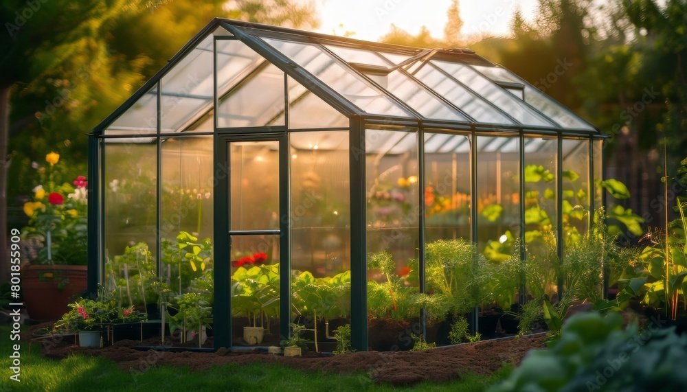Greenhouse in the garden. Glass small compact greenhouse for growing flowers, vegetables, seedlings