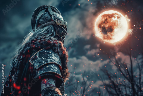 Viking warrior watching a lunar eclipse with a distant supernova moody night photo