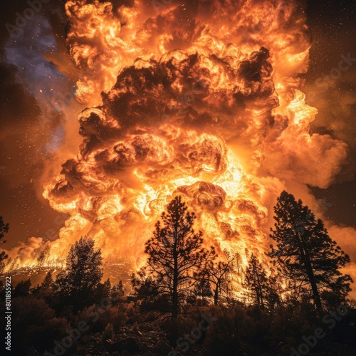 A huge fire is burning in the woods, with trees in the background photo